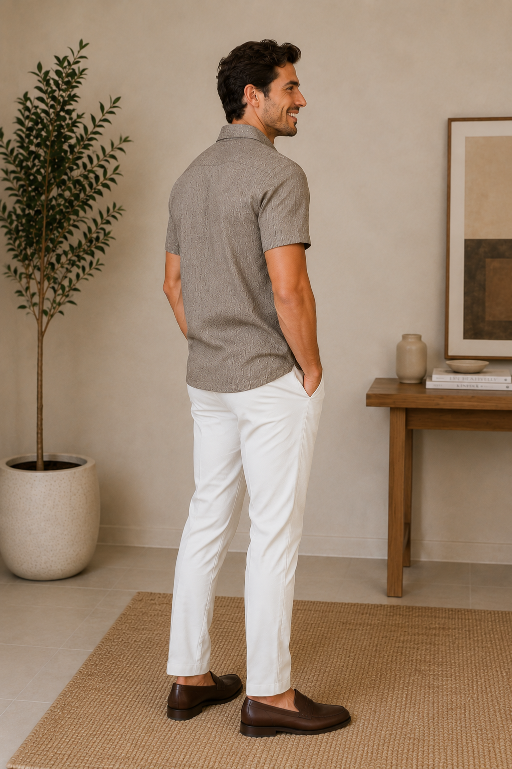 Camisa Hombre Manga Corta Gris Estampada