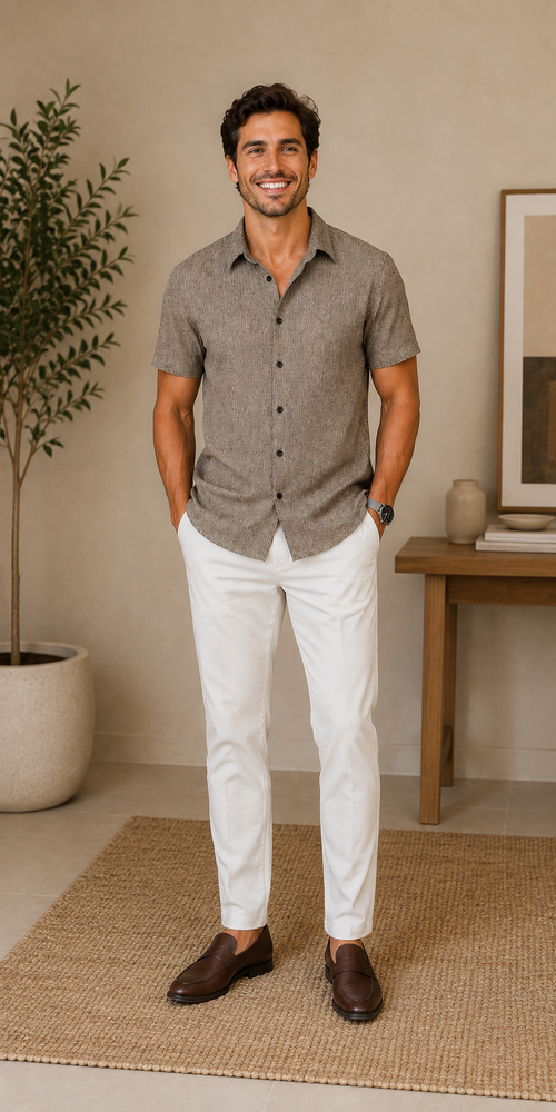 Camisa hombre manga corta gris con estampado sutil y botones oscuros