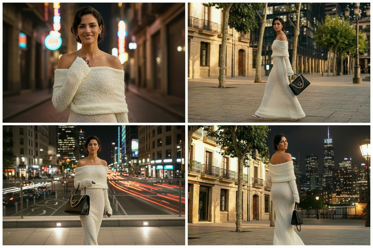 Collage vestido blanco ciudad de noche