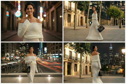 Collage vestido blanco ciudad de noche