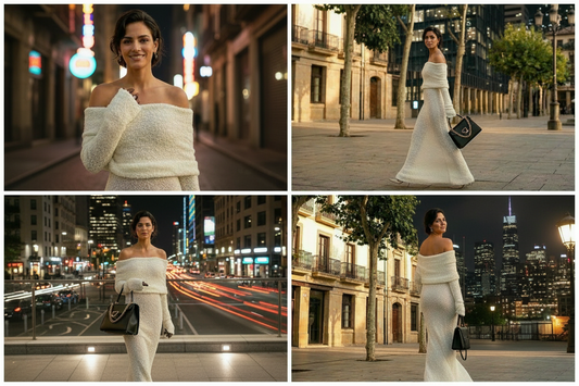 Collage vestido blanco ciudad de noche